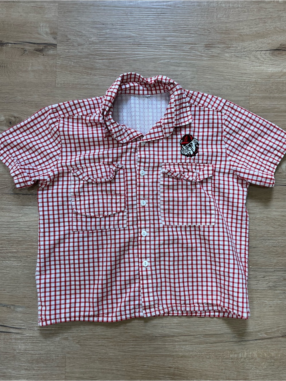 Georgia Bulldogs Red & White Gingham Shirt| Short Sleeve Collegiate Top Youth L